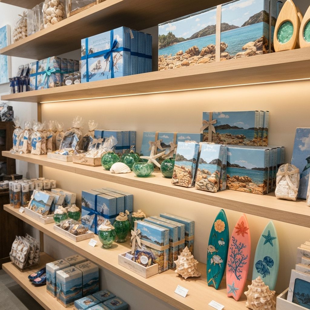 Colourful specialty gift items and souvenirs displayed on shelves at Palm Waters News & Gifts