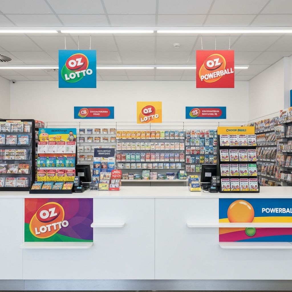 Lottery ticket display with Oz Lotto and Powerball branding at Palm Waters News & Gifts